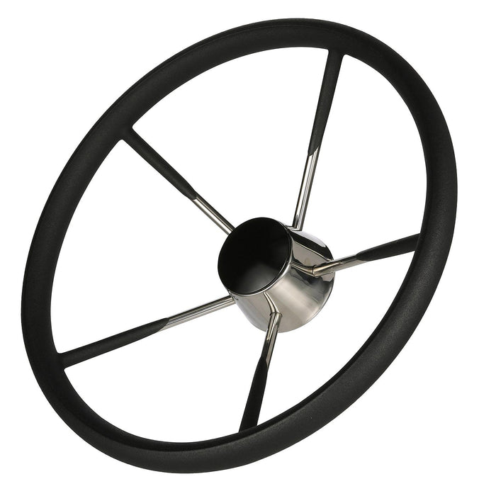 Seachoice 28581 Destroyer Steering Wheel, 5 Spoke 15", Stainless Steel, Permanent Foam Grip, Black Cap