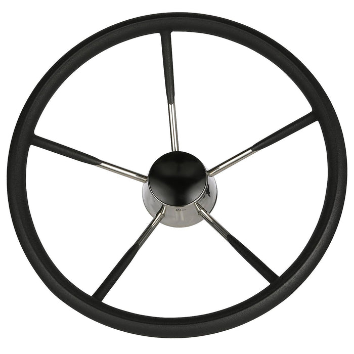 Seachoice 28581 Destroyer Steering Wheel, 5 Spoke 15", Stainless Steel, Permanent Foam Grip, Black Cap