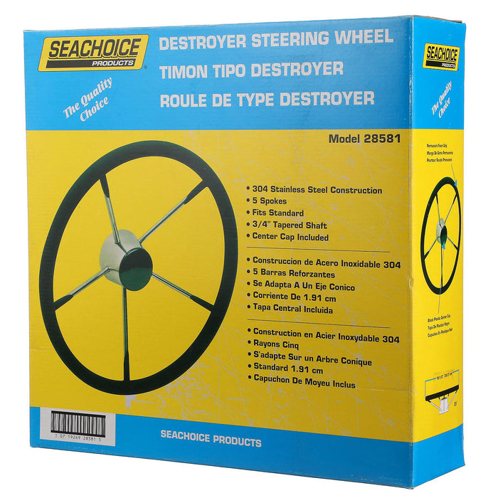 Seachoice 28581 Destroyer Steering Wheel, 5 Spoke 15", Stainless Steel, Permanent Foam Grip, Black Cap