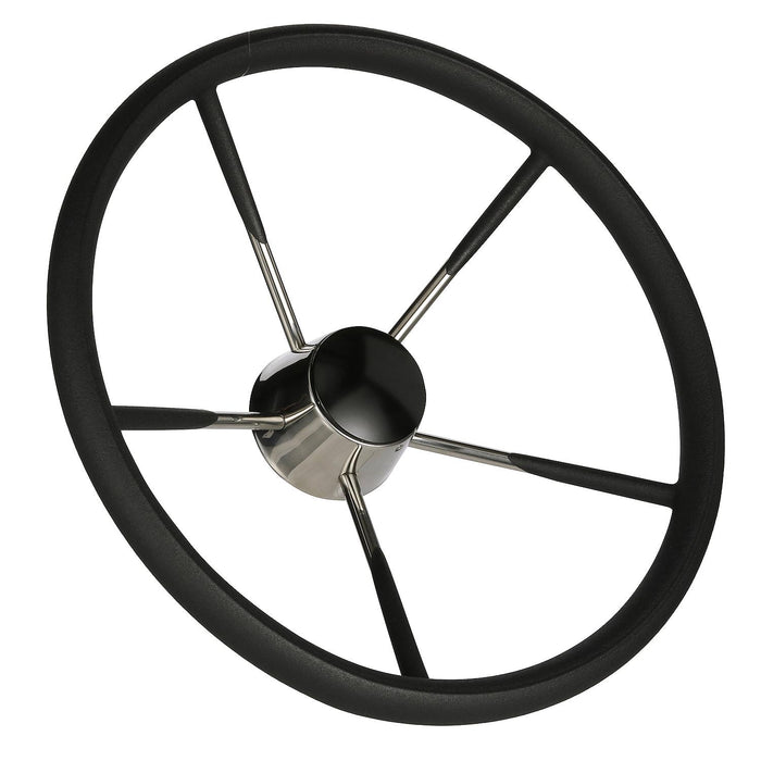 Seachoice 28581 Destroyer Steering Wheel, 5 Spoke 15", Stainless Steel, Permanent Foam Grip, Black Cap