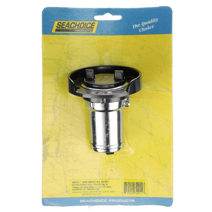 Seachoice 32011 Chrome Plated Zinc Gas Deck Fill w/ Cap (Strap Tether) for, 1-1/2" Hose