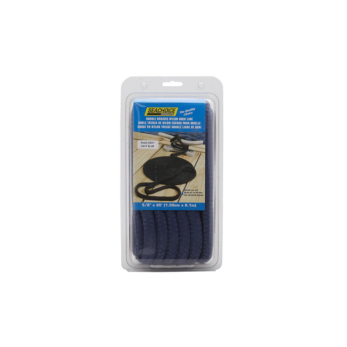 Seachoice Double-Braid Nylon Dock Line w/ Eye Splice, Pre-Shrunk, Heat Stabilized, 5/8 In. x 20 Ft., Navy