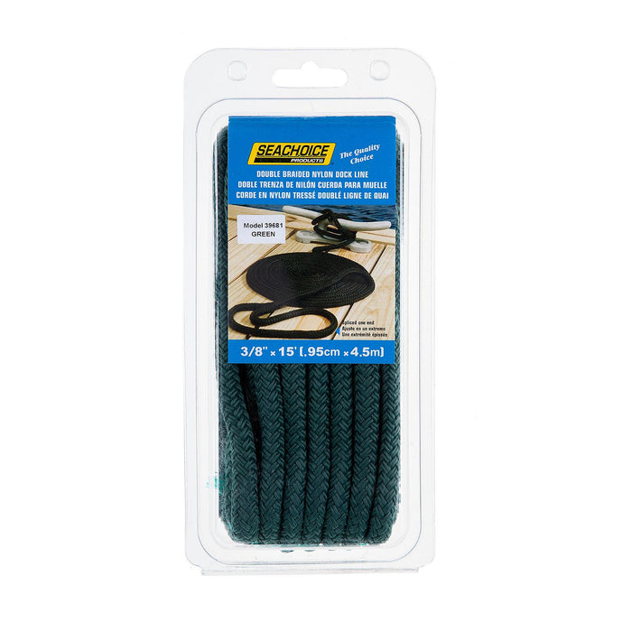 Seachoice Double-Braid Nylon Dock Line w/ Eye Splice, Pre-Shrunk, Heat Stabilized, 3/8 In. X 15 Ft., Forest Green