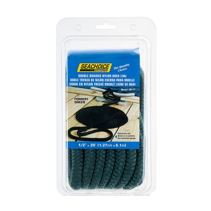 Seachoice Double-Braid Nylon Dock Line w/ Eye Splice, Pre-Shrunk, Heat Stabilized, 1/2 In. X 20 Ft., Forest Green