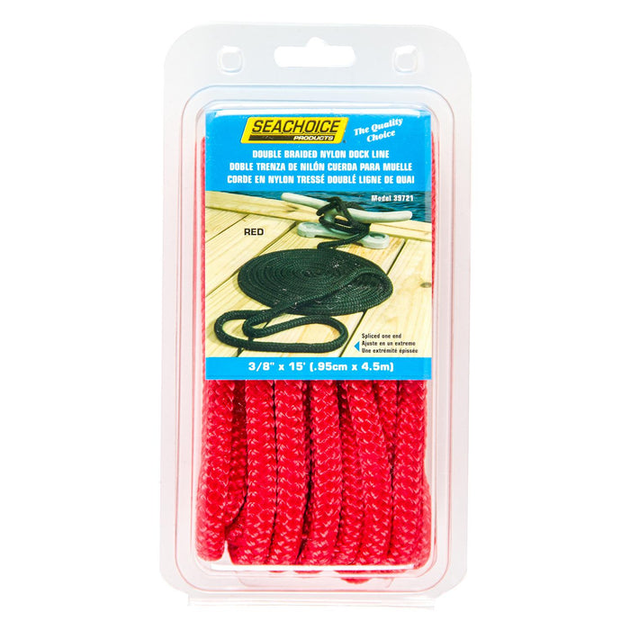 Seachoice Double-Braid Nylon Dock Line w/ Eye Splice, Pre-Shrunk, Heat Stabilized, 3/8 In. X 15 Ft., Red