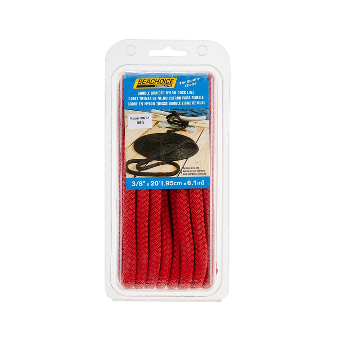 Seachoice Double-Braid Nylon Dock Line w/ Eye Splice, Pre-Shrunk, Heat Stabilized, 3/8 In. X 20 Ft., Red