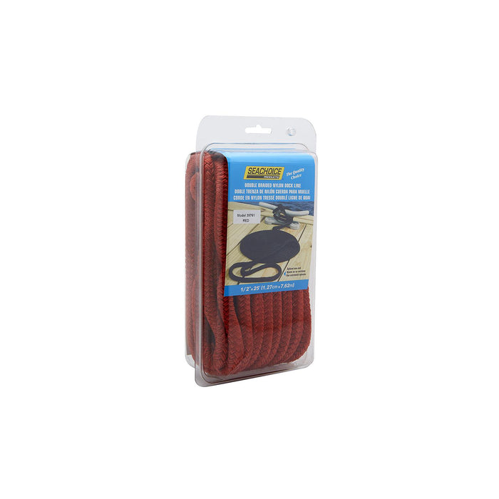 Seachoice Double-Braid Nylon Dock Line w/ Eye Splice, Pre-Shrunk, Heat Stabilized, 1/2 In. X 25 Ft., Red