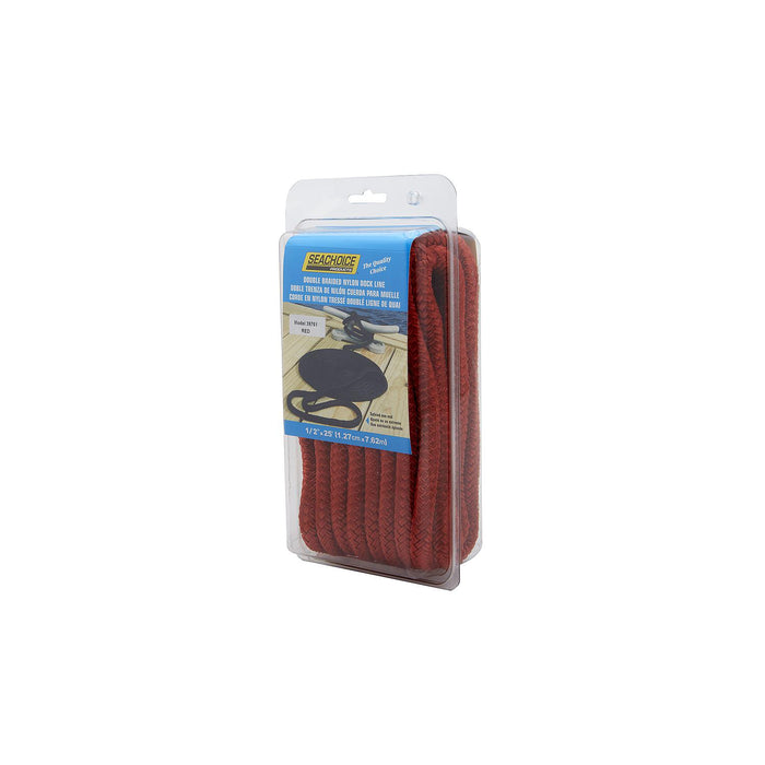 Seachoice Double-Braid Nylon Dock Line w/ Eye Splice, Pre-Shrunk, Heat Stabilized, 1/2 In. X 25 Ft., Red