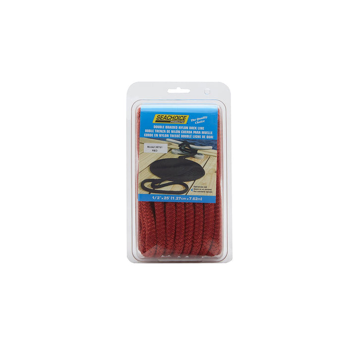 Seachoice Double-Braid Nylon Dock Line w/ Eye Splice, Pre-Shrunk, Heat Stabilized, 1/2 In. X 25 Ft., Red
