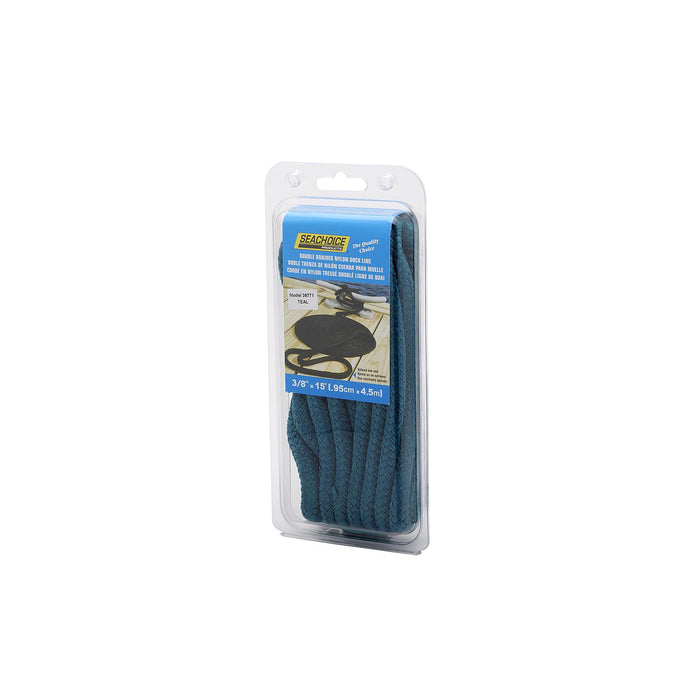 Seachoice Double-Braid Nylon Dock Line w/ Eye Splice, Pre-Shrunk, Heat Stabilized, 3/8 In. X 15 Ft., Teal Green