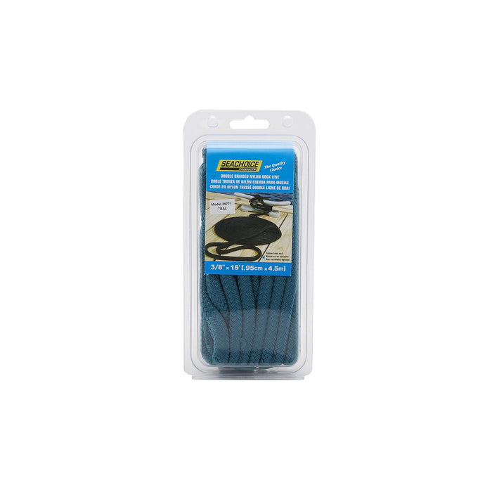 Seachoice Double-Braid Nylon Dock Line w/ Eye Splice, Pre-Shrunk, Heat Stabilized, 3/8 In. X 15 Ft., Teal Green