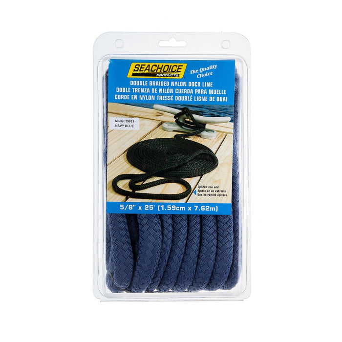 Seachoice 39821 Double-Braid Nylon Dock Line w/ Eye Splice, Pre-Shrunk, Heat Stabilized, 5/8 In. X 25 Ft., Navy Blue