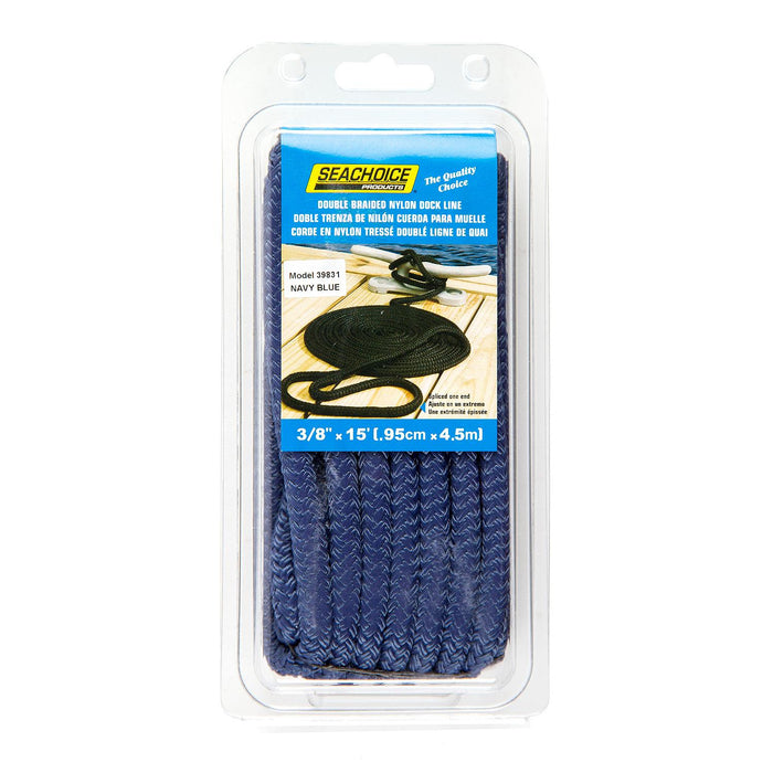 Seachoice Double-Braid Nylon Dock Line w/ Eye Splice, Pre-Shrunk, Heat Stabilized, 3/8 In. X 15 Ft., Navy