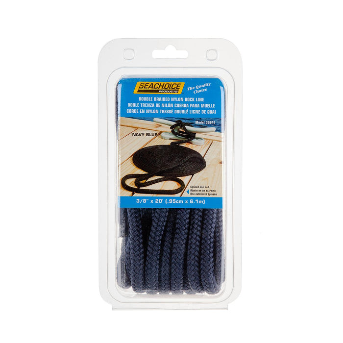 Seachoice Double-Braid Nylon Dock Line w/ Eye Splice, Pre-Shrunk, Heat Stabilized, 3/8 In. X 20 Ft., Navy Blue