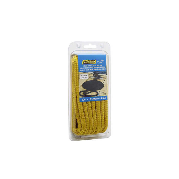 Seachoice Double-Braid Nylon Dock Line w/ Eye Splice, Pre-Shrunk, Heat Stabilized, 3/8 In. X 15 Ft., Yellow