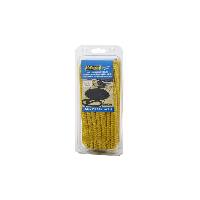 Seachoice Double-Braid Nylon Dock Line w/ Eye Splice, Pre-Shrunk, Heat Stabilized, 3/8 In. X 15 Ft., Yellow