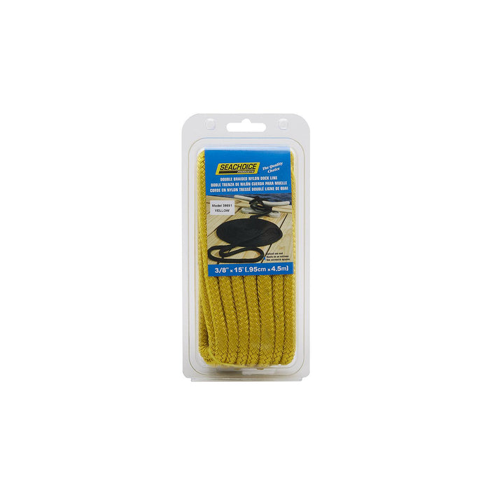 Seachoice Double-Braid Nylon Dock Line w/ Eye Splice, Pre-Shrunk, Heat Stabilized, 3/8 In. X 15 Ft., Yellow