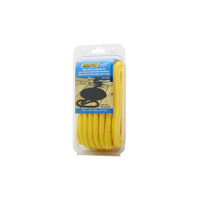 Seachoice Double-Braid Nylon Dock Line w/ Eye Splice, Pre-Shrunk, Heat Stabilized, 3/8 In. X 20 Ft., Yellow