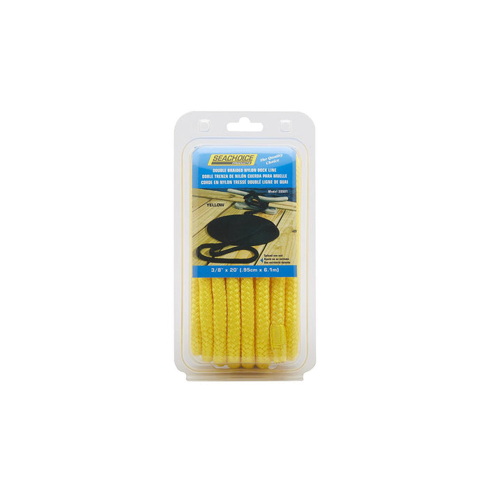 Seachoice Double-Braid Nylon Dock Line w/ Eye Splice, Pre-Shrunk, Heat Stabilized, 3/8 In. X 20 Ft., Yellow