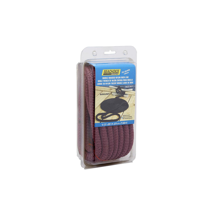 Seachoice Double-Braid Nylon Dock Line w/ Eye Splice, Pre-Shrunk, Heat Stabilized, 1/2 In. X 25 Ft., Burgundy
