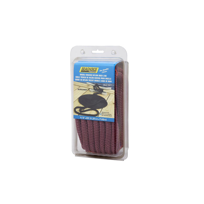 Seachoice Double-Braid Nylon Dock Line w/ Eye Splice, Pre-Shrunk, Heat Stabilized, 1/2 In. X 25 Ft., Burgundy