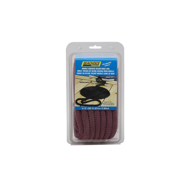 Seachoice Double-Braid Nylon Dock Line w/ Eye Splice, Pre-Shrunk, Heat Stabilized, 1/2 In. X 25 Ft., Burgundy