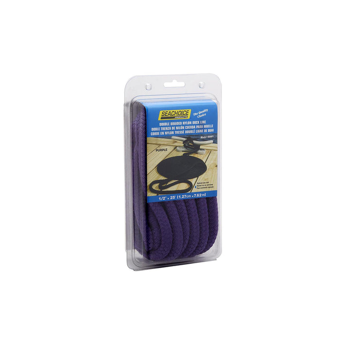 Seachoice Double-Braid Nylon Dock Line w/ Eye Splice, Pre-Shrunk, Heat Stabilized, 1/2 In. X 25 Ft., Purple