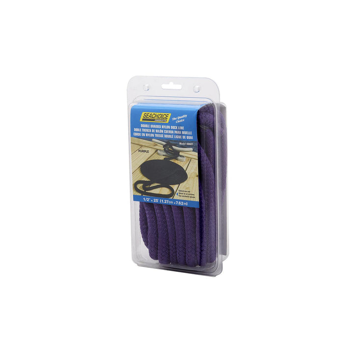 Seachoice Double-Braid Nylon Dock Line w/ Eye Splice, Pre-Shrunk, Heat Stabilized, 1/2 In. X 25 Ft., Purple