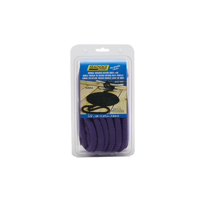 Seachoice Double-Braid Nylon Dock Line w/ Eye Splice, Pre-Shrunk, Heat Stabilized, 1/2 In. X 25 Ft., Purple
