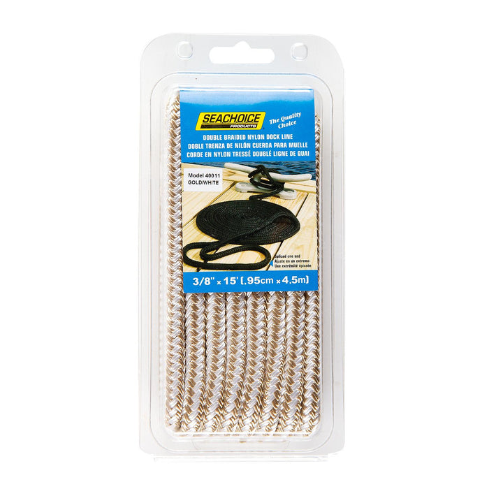 Seachoice Double-Braid Nylon Dock Line w/ Eye Splice, Pre-Shrunk, Heat Stabilized, 3/8 In. X 15 Ft., Gold White