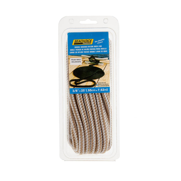 Seachoice Double-Braid Nylon Dock Line w/ Eye Splice, Pre-Shrunk, Heat Stabilized, 3/8 In. X 25 Ft., Gold White