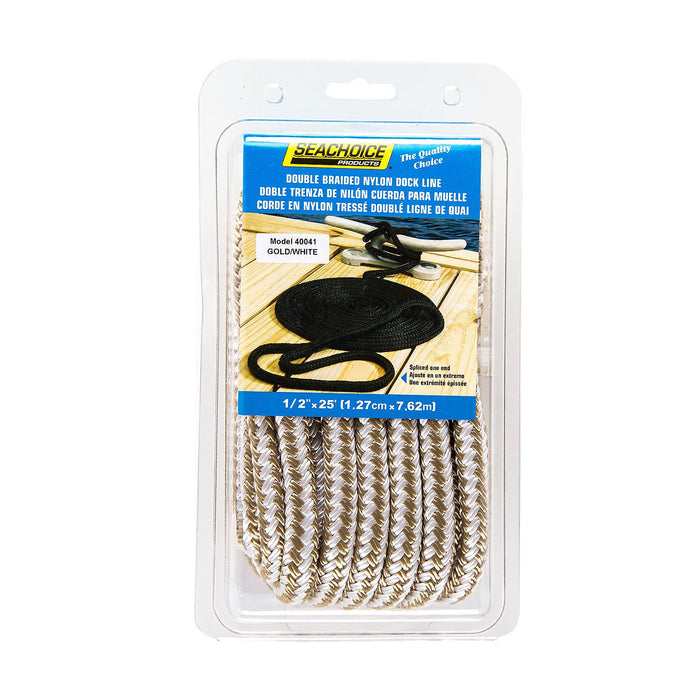 Seachoice Double-Braid Nylon Dock Line w/ Eye Splice, Pre-Shrunk, Heat Stabilized, 1/2 In. X 25 Ft., Gold White