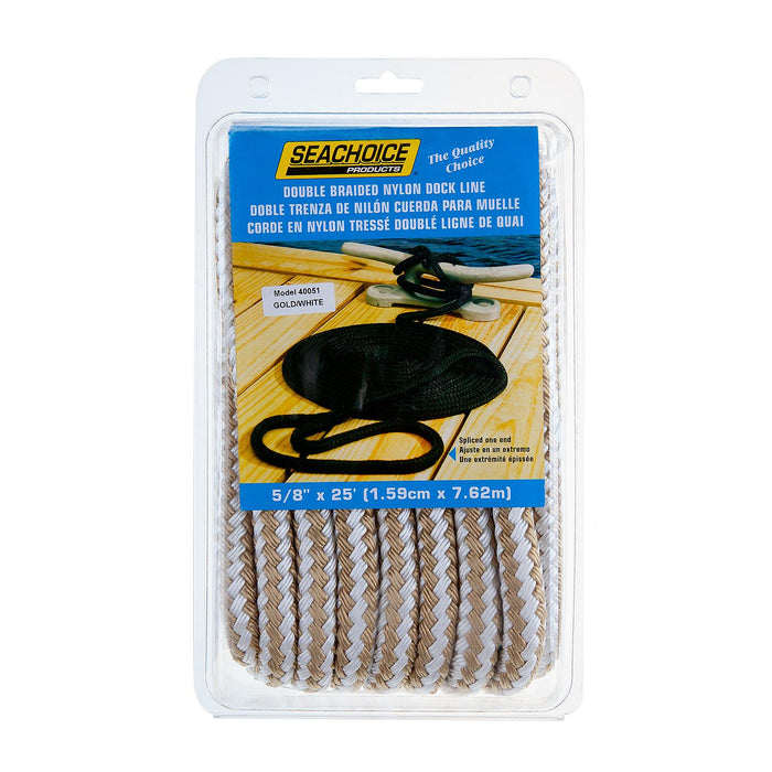 Seachoice Double-Braid Nylon Dock Line w/ Eye Splice, Pre-Shrunk, Heat Stabilized, 5/8 In. X 25 Ft., Gold White