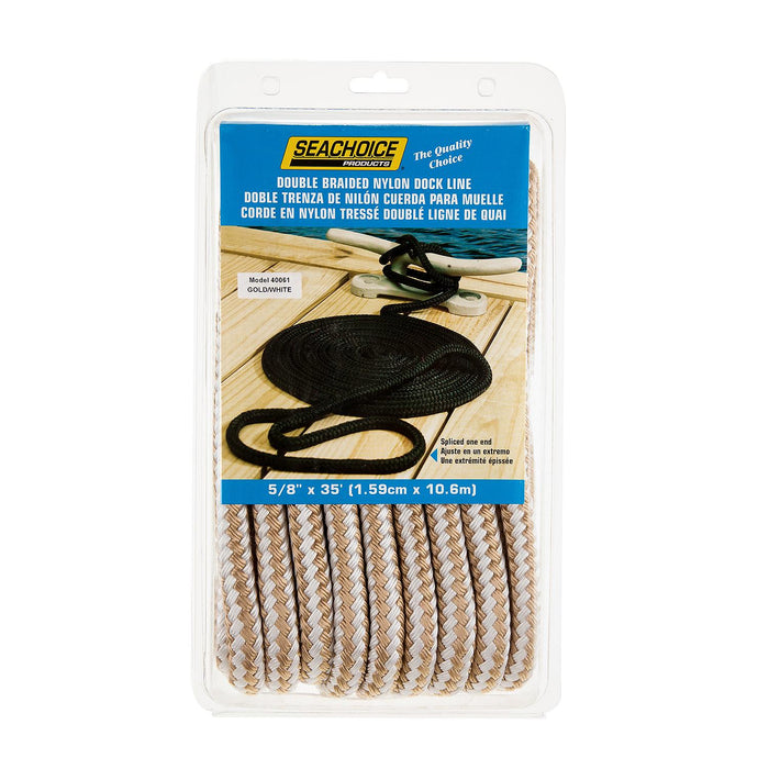 Seachoice Double-Braid Nylon Dock Line w/ Eye Splice, Pre-Shrunk, Heat Stabilized, 5/8 In. X 35 Ft., Gold White