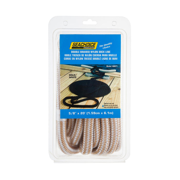 Seachoice Double-Braid Nylon Dock Line w/ Eye Splice, Pre-Shrunk, Heat Stabilized, 5/8 In. X 20 Ft., Gold White