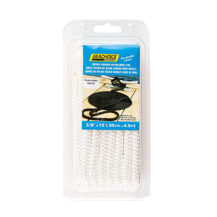 Seachoice Double-Braid Nylon Dock Line w/ Eye Splice, Pre-Shrunk, Heat Stabilized, 3/8 In. X 15 Ft., White