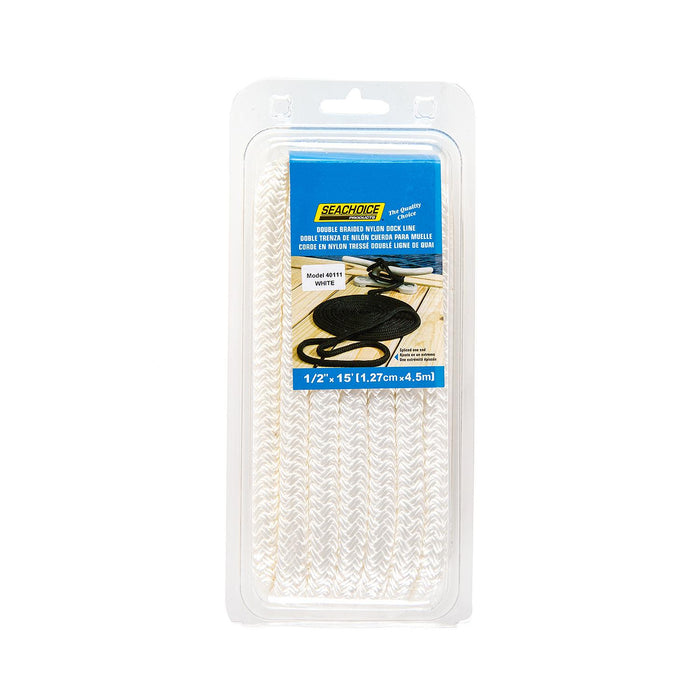Seachoice Double-Braid Nylon Dock Line w/ Eye Splice, Pre-Shrunk, Heat Stabilized, 1/2 In. X 15 Ft., White