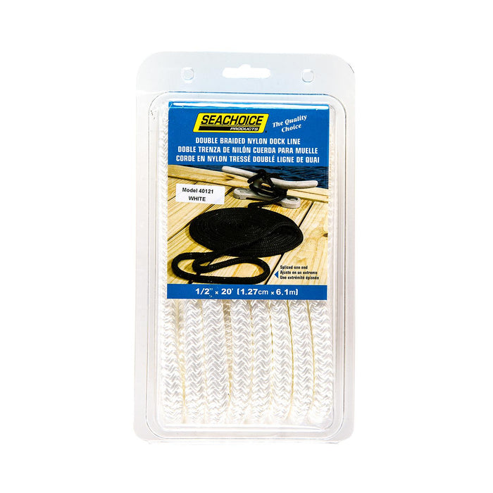 Seachoice Double-Braid Nylon Dock Line w/ Eye Splice, Pre-Shrunk, Heat Stabilized, 1/2 In. X 20 Ft., White