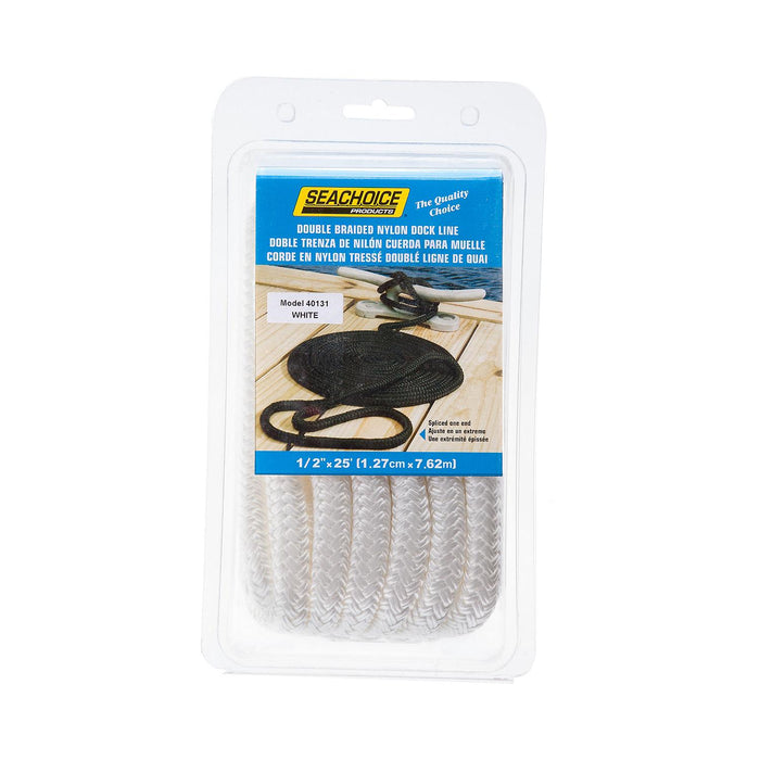 Seachoice Double-Braid Nylon Dock Line w/ Eye Splice, Pre-Shrunk, Heat Stabilized, 1/2 In. X 25 Ft., White