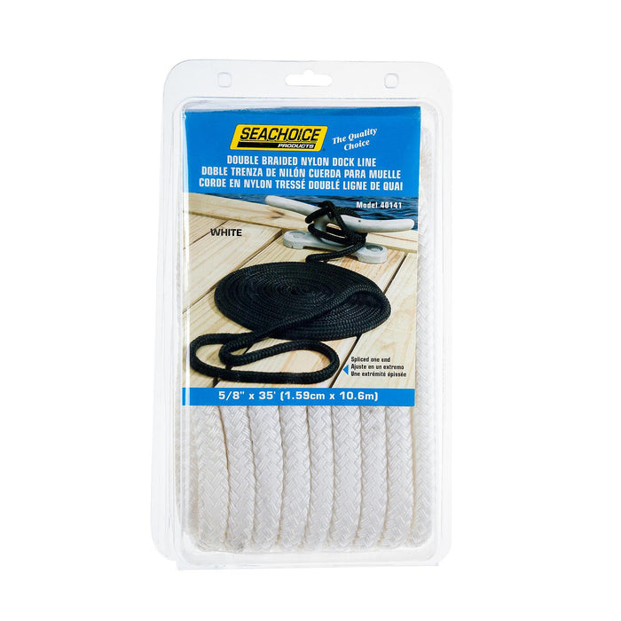 Seachoice Double Braid Nylon Dock Line, White, 5/8 in. X 35 Ft., 15 in. Eye Splice, Pre-Shrunk, Heat Stabilized