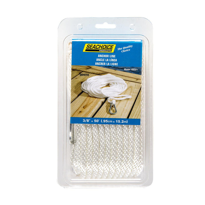 Seachoice 40231 Solid-Braid Nylon Anchor Line, White, 3/8" x 50'