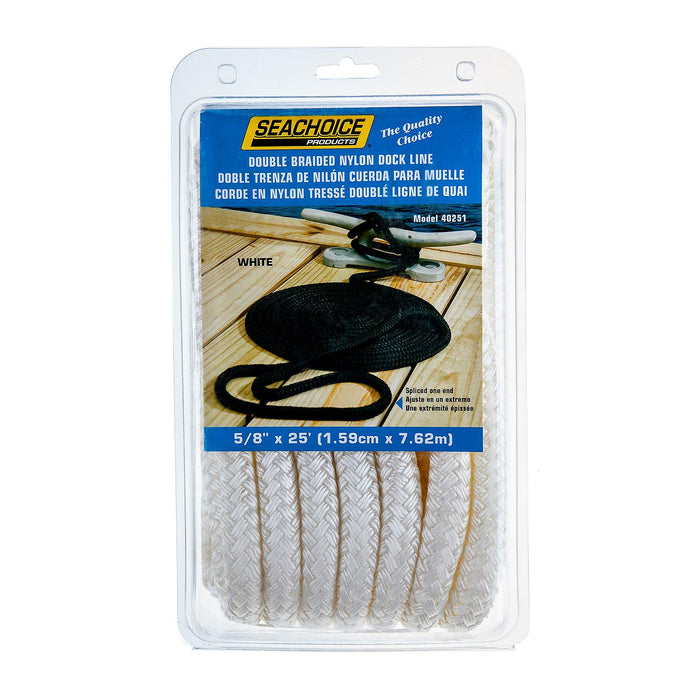 Seachoice Double-Braid Nylon Dock Line w/ Eye Splice, Pre-Shrunk, Heat Stabilized, 5/8 In. X 25 Ft., White
