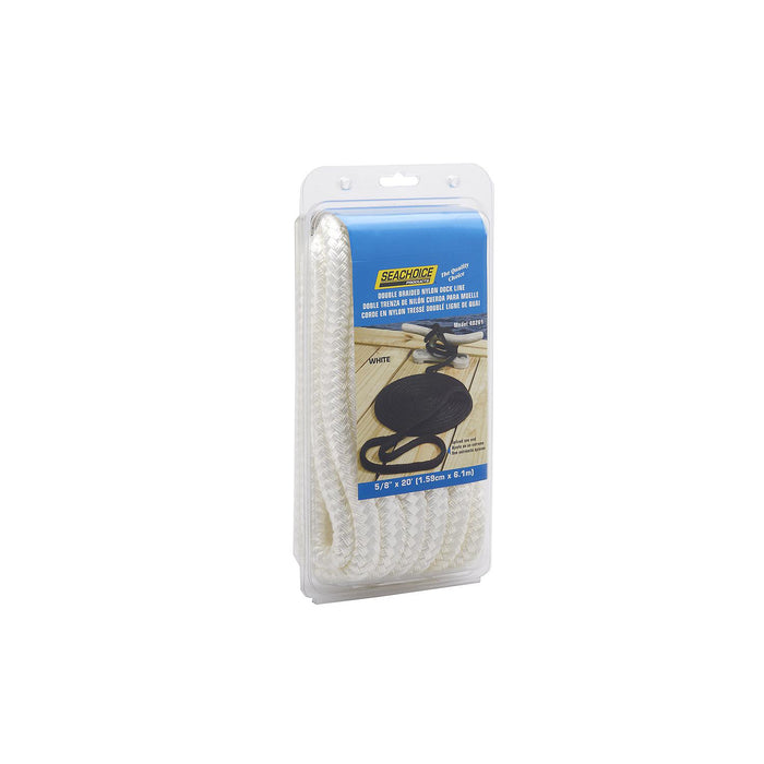 Seachoice Double-Braid Nylon Dock Line w/ Eye Splice, Pre-Shrunk, Heat Stabilized, 5/8 In. X 20 Ft., White