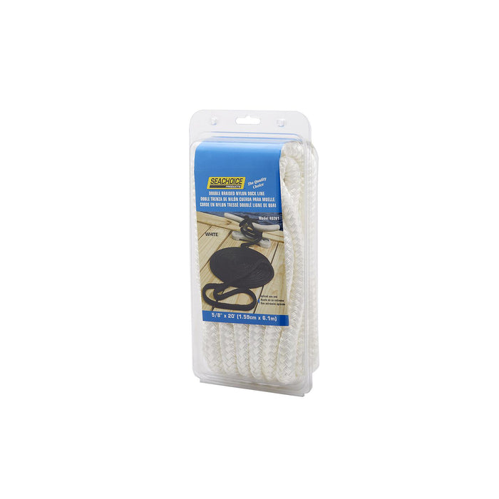 Seachoice Double-Braid Nylon Dock Line w/ Eye Splice, Pre-Shrunk, Heat Stabilized, 5/8 In. X 20 Ft., White
