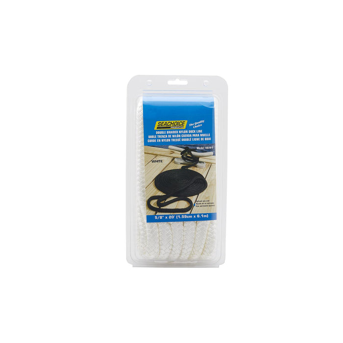 Seachoice Double-Braid Nylon Dock Line w/ Eye Splice, Pre-Shrunk, Heat Stabilized, 5/8 In. X 20 Ft., White