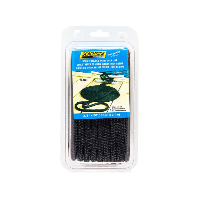 Seachoice Double-Braid Nylon Dock Line w/ Eye Splice, Pre-Shrunk, Heat Stabilized, 3/8 In. X 20 Ft., Black