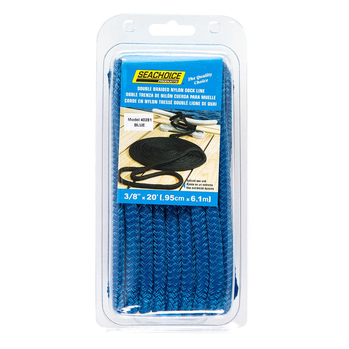Seachoice Double-Braid Nylon Dock Line w/ Eye Splice, Pre-Shrunk, Heat Stabilized, 3/8 In. X 20 Ft., Blue