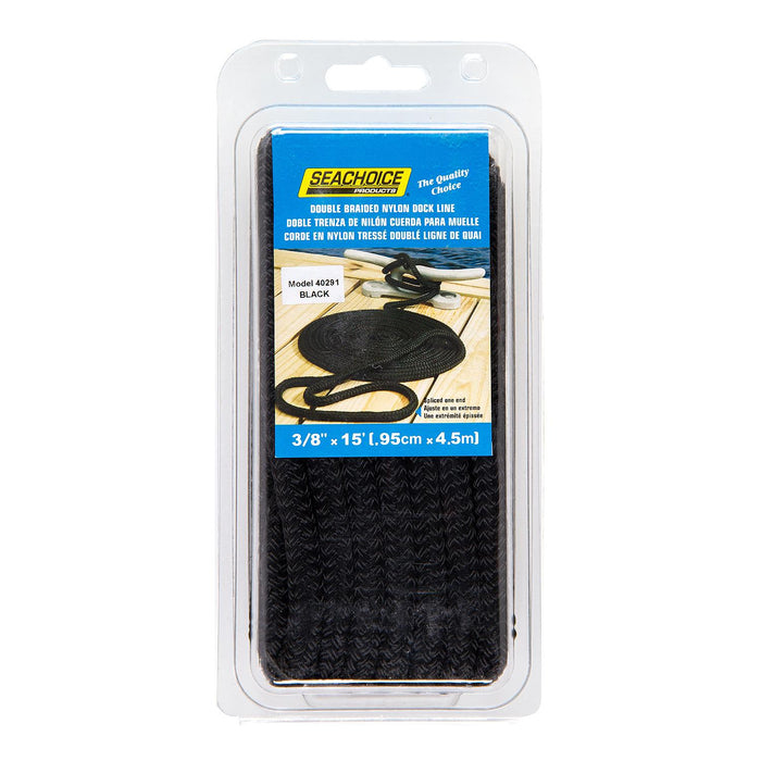 Seachoice Double-Braid Nylon Dock Line w/ Eye Splice, Pre-Shrunk, Heat Stabilized, 3/8 In. X 15 Ft., Black