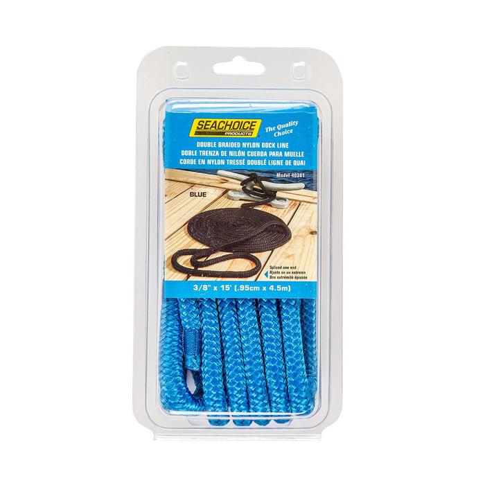 Seachoice Double-Braid Nylon Dock Line w/ Eye Splice, Pre-Shrunk, Heat Stabilized, 3/8 In. X 15 Ft., Blue