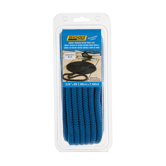 Seachoice Double-Braid Nylon Dock Line w/ Eye Splice, Pre-Shrunk, Heat Stabilized, 3/8 In. X 25 Ft., Blue